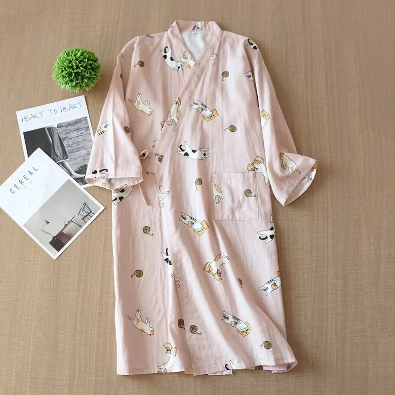 Japanese-style kimono pajamas summer new 100% cotton gauze pajamas nightgown ladies SPA yukata homewear long pajamas women