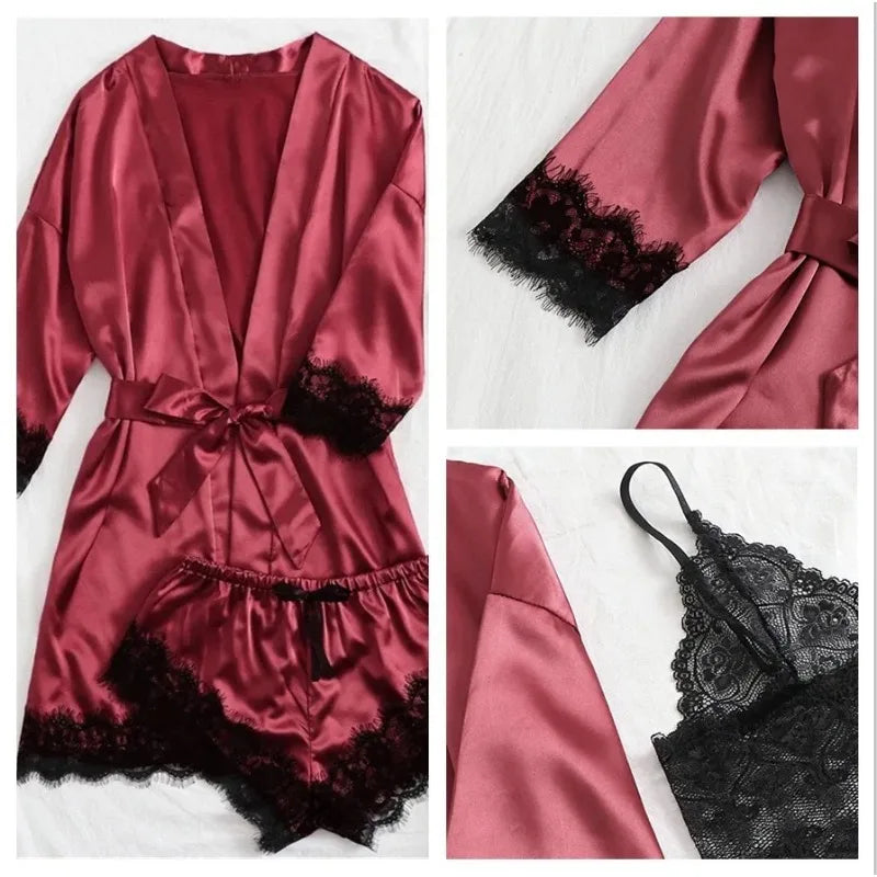 Women’s Elegant 4-Piece Satin Pajama Set – Lace Cami, Shorts & Robe Sleepwear