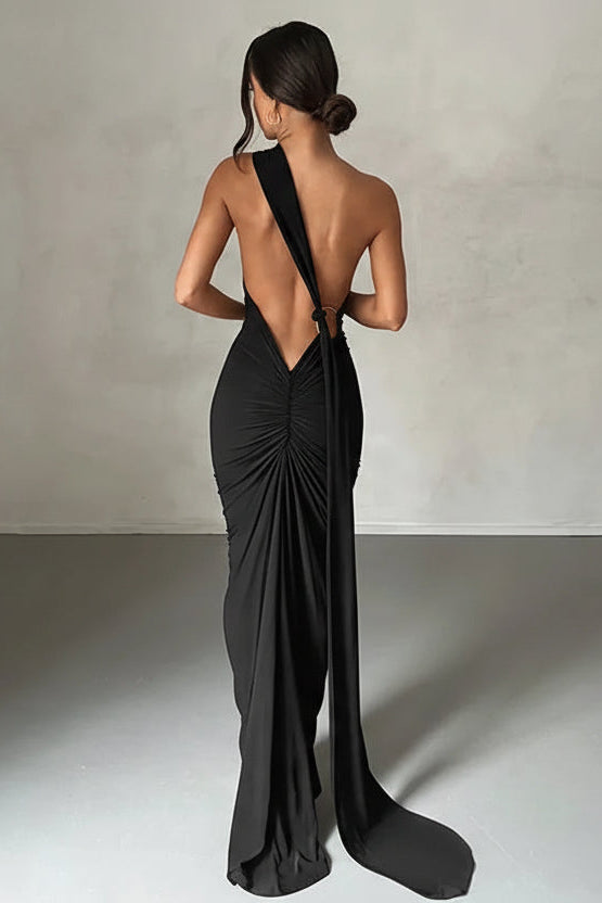 One Shoulder Backless Ruched Maxi Dress