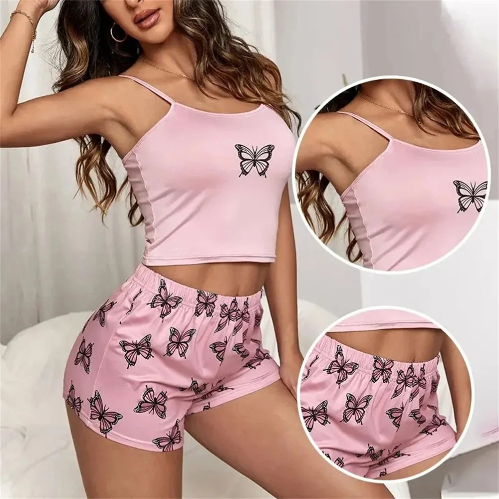 Two Piece Women's Suspender Printed Butterfly