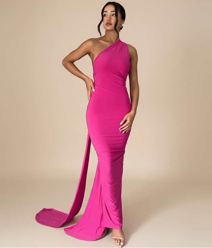 One Shoulder Backless Ruched Maxi Dress