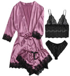 Women’s Elegant 4-Piece Satin Pajama Set – Lace Cami, Shorts & Robe Sleepwear