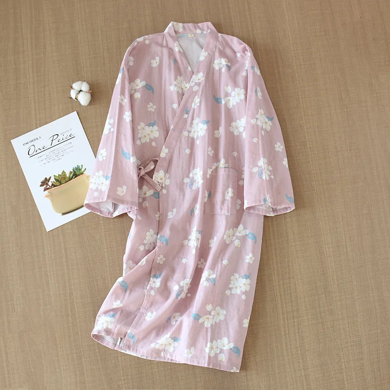 Japanese-style kimono pajamas summer new 100% cotton gauze pajamas nightgown ladies SPA yukata homewear long pajamas women