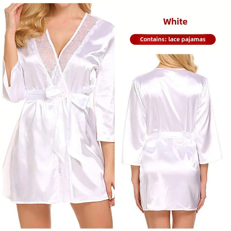 Women’s Silk-Feel Lace-Up Robe – Long Sleeve Elegant Sleepwear Nightgown