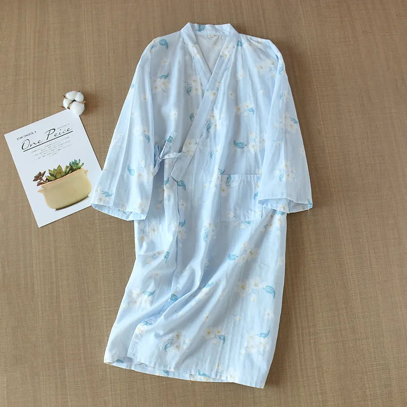 Japanese-style kimono pajamas summer new 100% cotton gauze pajamas nightgown ladies SPA yukata homewear long pajamas women