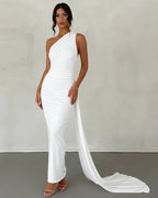 One Shoulder Backless Ruched Maxi Dress