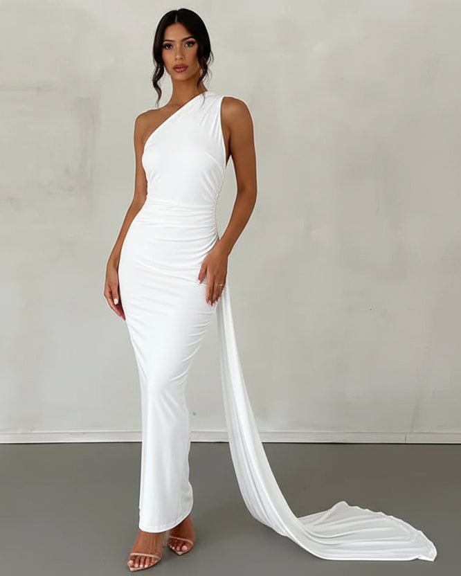 One Shoulder Backless Ruched Maxi Dress