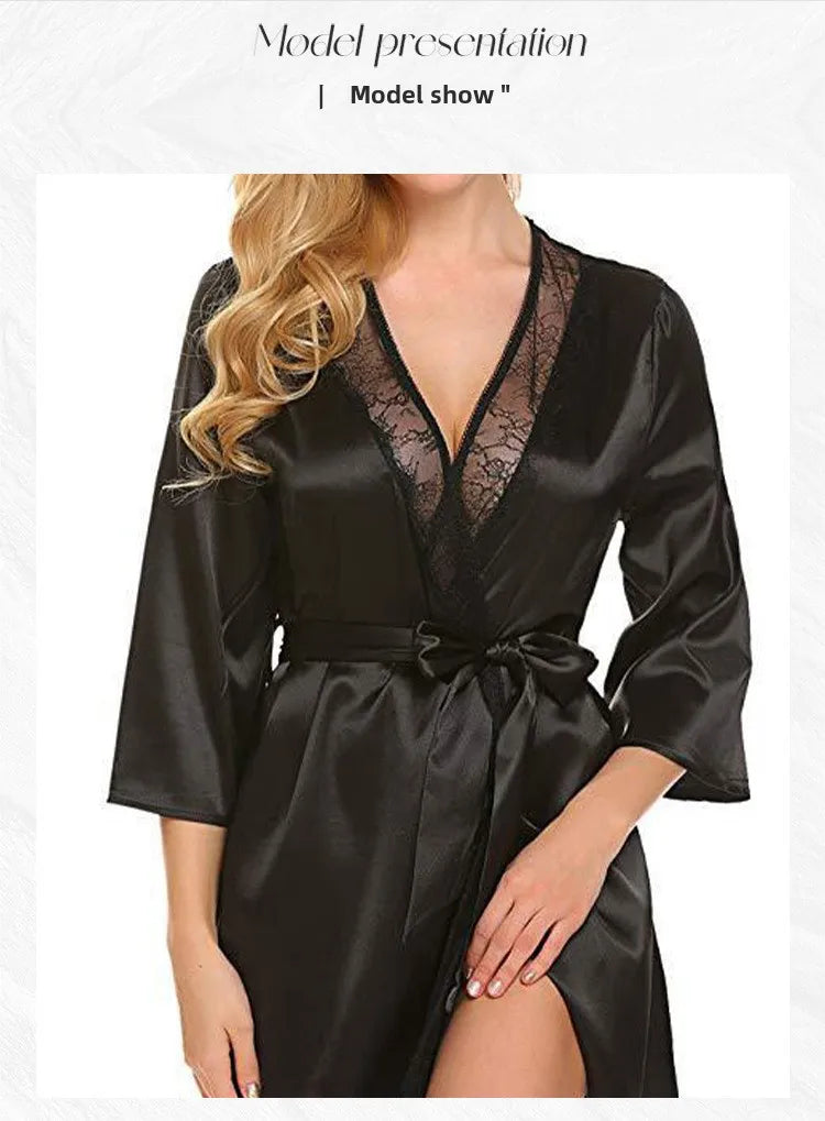 Women’s Silk-Feel Lace-Up Robe – Long Sleeve Elegant Sleepwear Nightgown