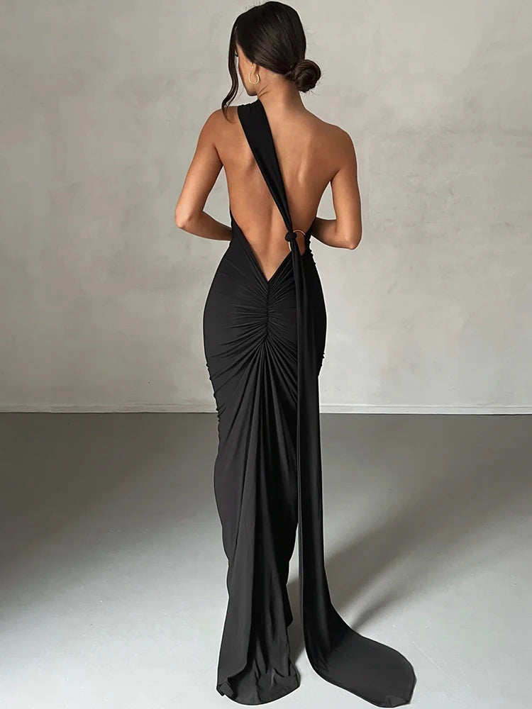 One Shoulder Backless Ruched Maxi Dress