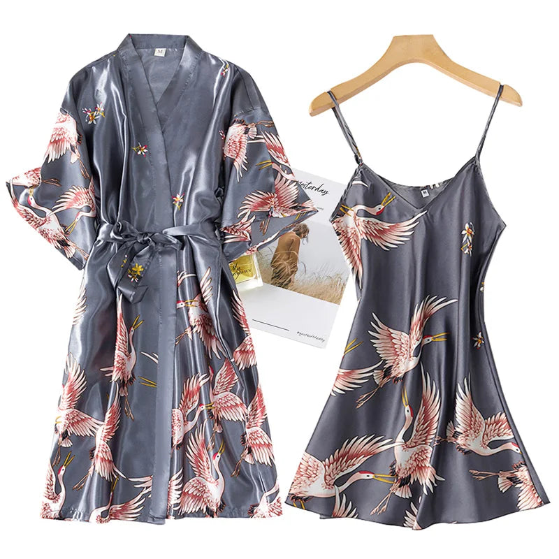 Women’s Silky 2-Piece Pajama Set – V-Neck Nightgown & Robe Loungewear