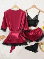 Women’s 4-Piece Satin Pajama Set – Silk Robe, Nightgown & Lace Sleepwear Set