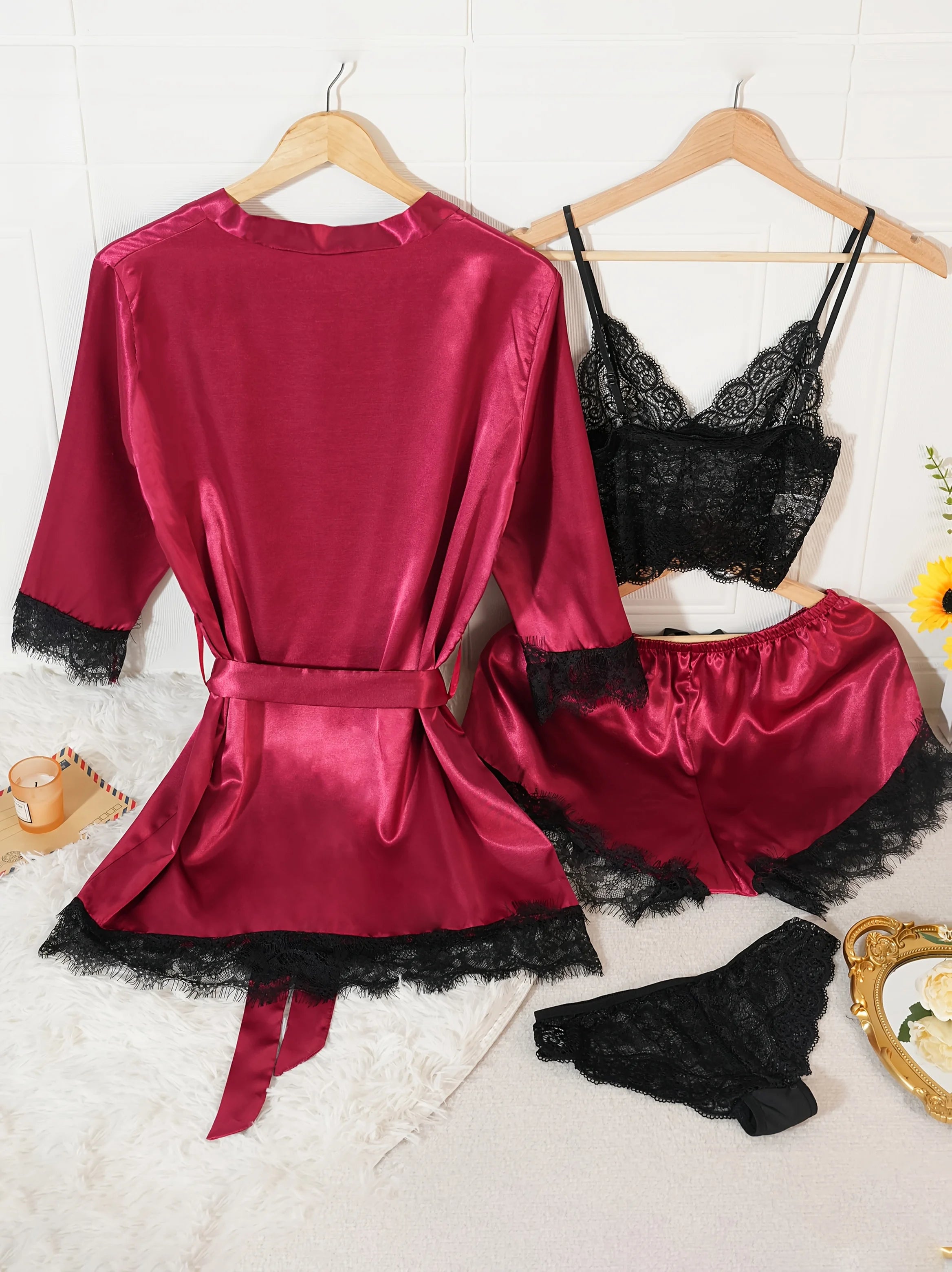 Women’s 4-Piece Satin Pajama Set – Silk Robe, Nightgown & Lace Sleepwear Set