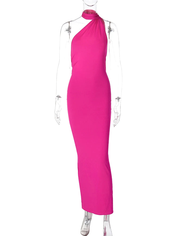 One Shoulder Backless Ruched Maxi Dress