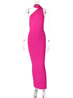 One Shoulder Backless Ruched Maxi Dress