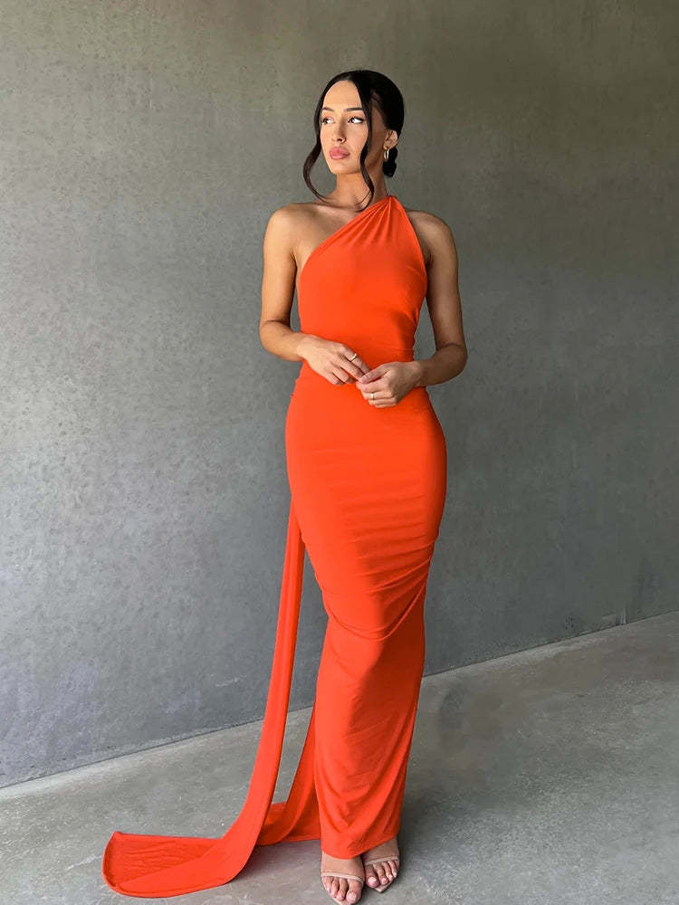 One Shoulder Backless Ruched Maxi Dress