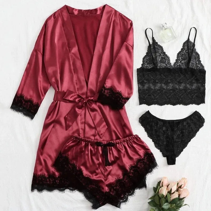 Women’s Elegant 4-Piece Satin Pajama Set – Lace Cami, Shorts & Robe Sleepwear