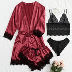 Women’s Elegant 4-Piece Satin Pajama Set – Lace Cami, Shorts & Robe Sleepwear