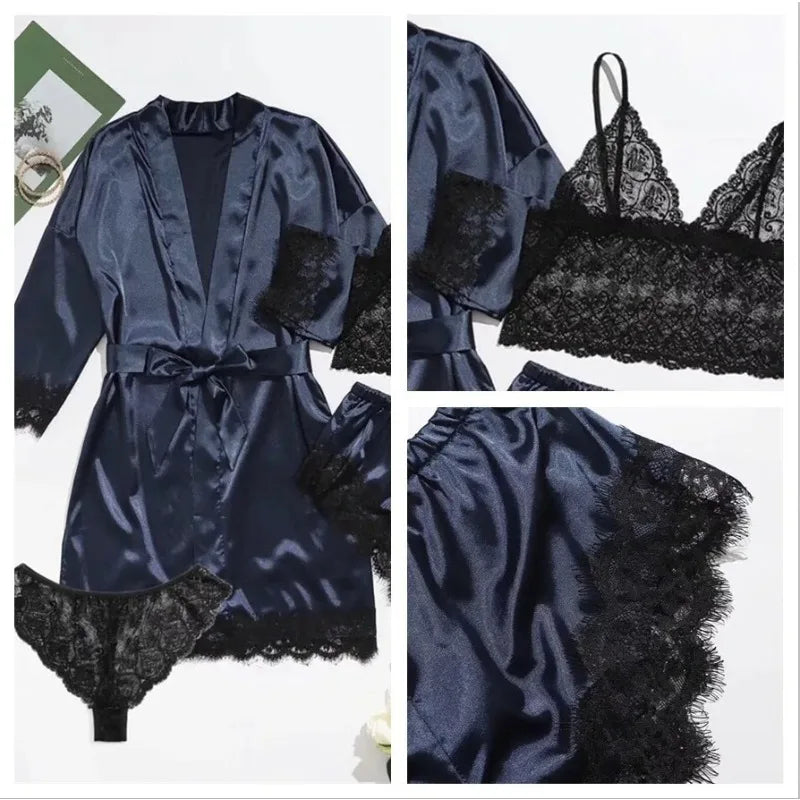 Women’s Elegant 4-Piece Satin Pajama Set – Lace Cami, Shorts & Robe Sleepwear