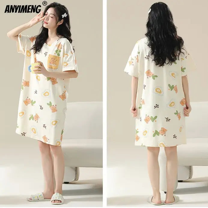 Women’s Cotton Plus Size Nightgown – Breathable Short Sleeve Sleep Dress