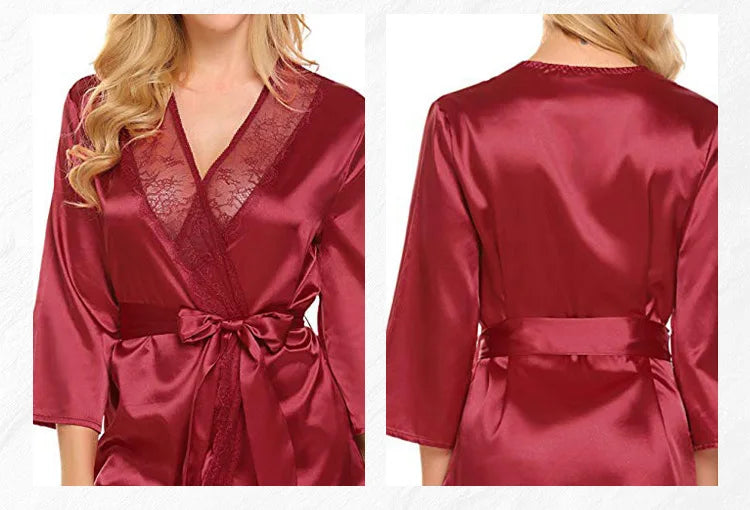 Women’s Silk-Feel Lace-Up Robe – Long Sleeve Elegant Sleepwear Nightgown