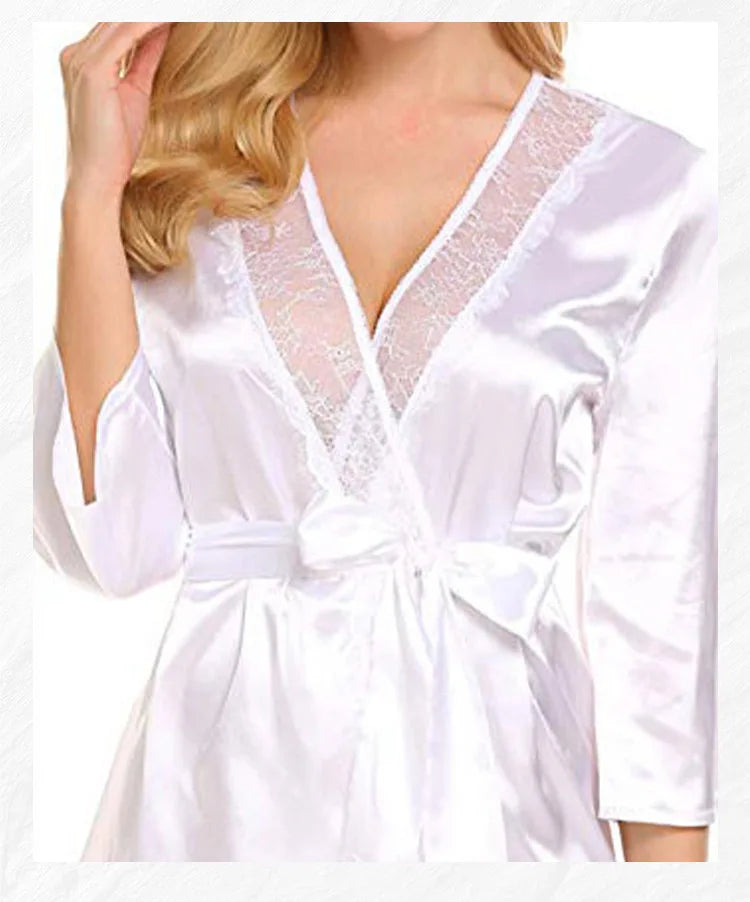 Women’s Silk-Feel Lace-Up Robe – Long Sleeve Elegant Sleepwear Nightgown