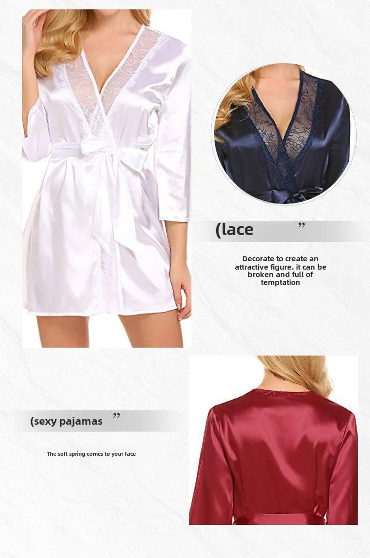 Women’s Silk-Feel Lace-Up Robe – Long Sleeve Elegant Sleepwear Nightgown