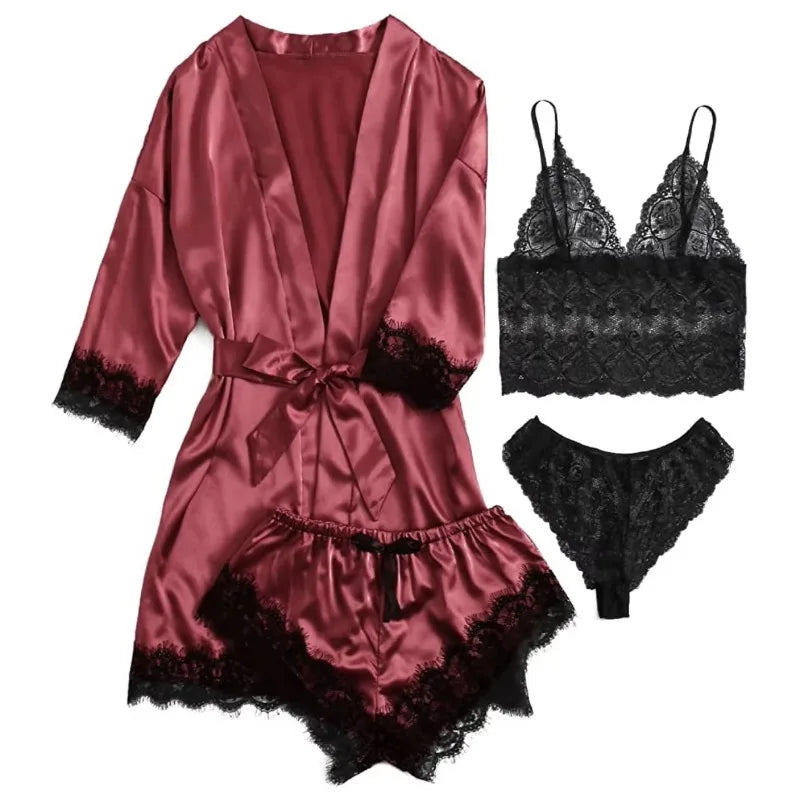 Women’s Elegant 4-Piece Satin Pajama Set – Lace Cami, Shorts & Robe Sleepwear