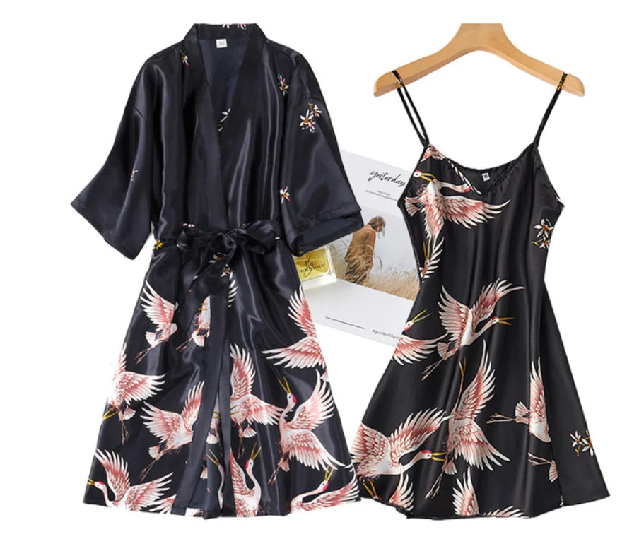 Women’s Silky 2-Piece Pajama Set – V-Neck Nightgown & Robe Loungewear