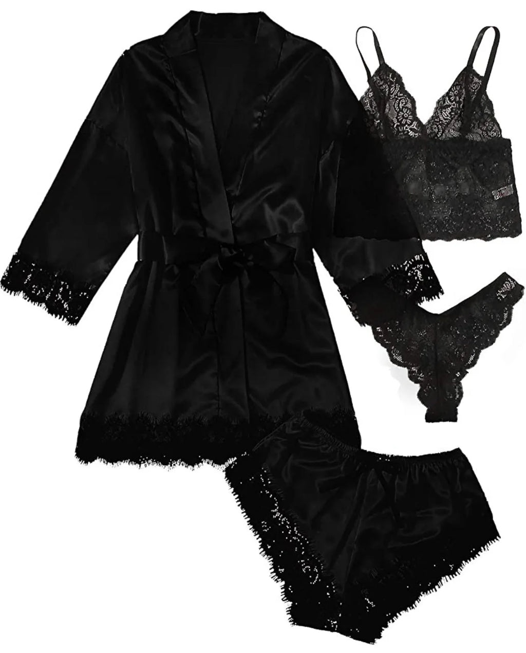 Women’s Elegant 4-Piece Satin Pajama Set – Lace Cami, Shorts & Robe Sleepwear