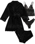 Women’s Elegant 4-Piece Satin Pajama Set – Lace Cami, Shorts & Robe Sleepwear