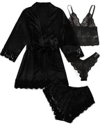 Women’s Elegant 4-Piece Satin Pajama Set – Lace Cami, Shorts & Robe Sleepwear