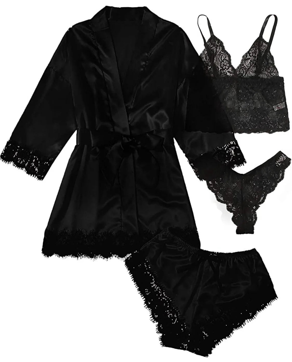 Women’s Elegant 4-Piece Satin Pajama Set – Lace Cami, Shorts & Robe Sleepwear