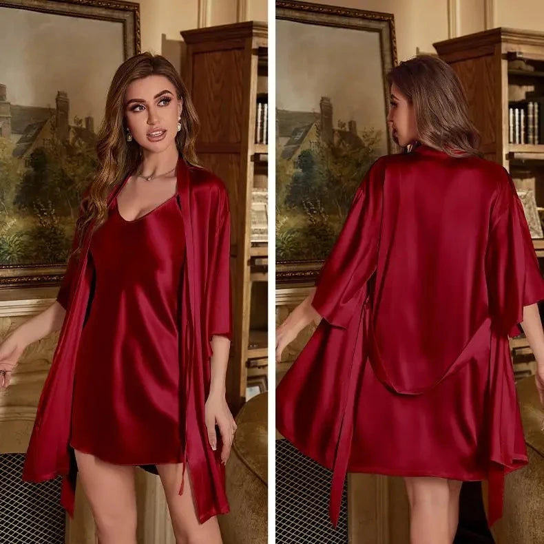 Women’s Elegant 2-Piece Rayon Robe Set – Kimono Nightgown Loungewear