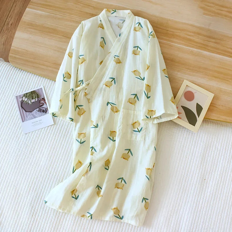 Japanese-style kimono pajamas summer new 100% cotton gauze pajamas nightgown ladies SPA yukata homewear long pajamas women