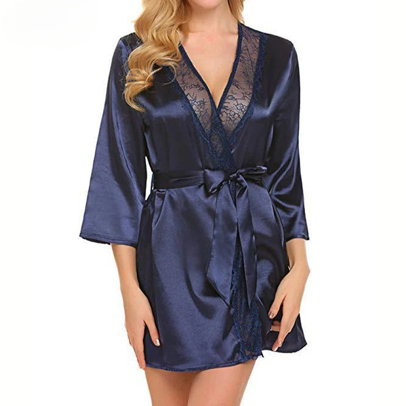 Women’s Silk-Feel Lace-Up Robe – Long Sleeve Elegant Sleepwear Nightgown