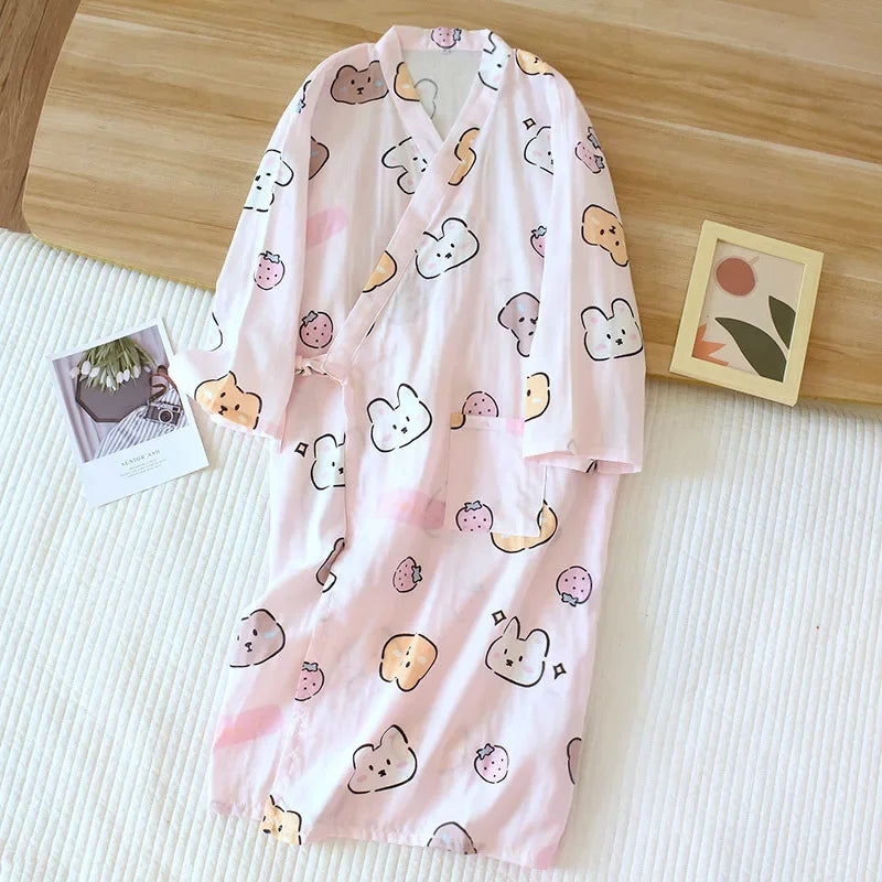 Japanese-style kimono pajamas summer new 100% cotton gauze pajamas nightgown ladies SPA yukata homewear long pajamas women