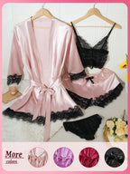 Women’s 4-Piece Satin Pajama Set – Silk Robe, Nightgown & Lace Sleepwear Set