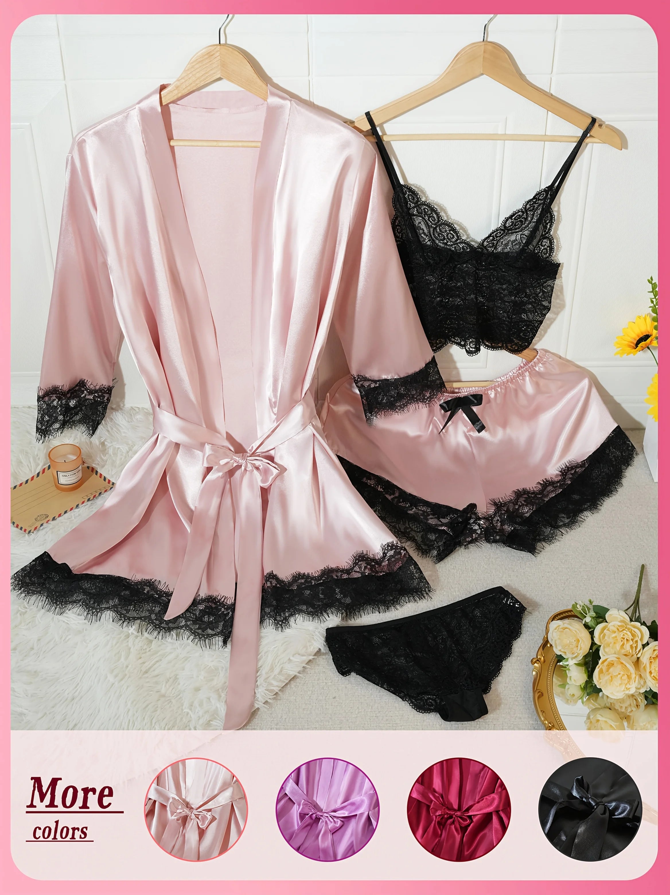 Women’s 4-Piece Satin Pajama Set – Silk Robe, Nightgown & Lace Sleepwear Set