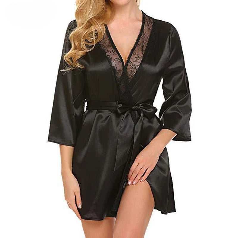 Women’s Silk-Feel Lace-Up Robe – Long Sleeve Elegant Sleepwear Nightgown