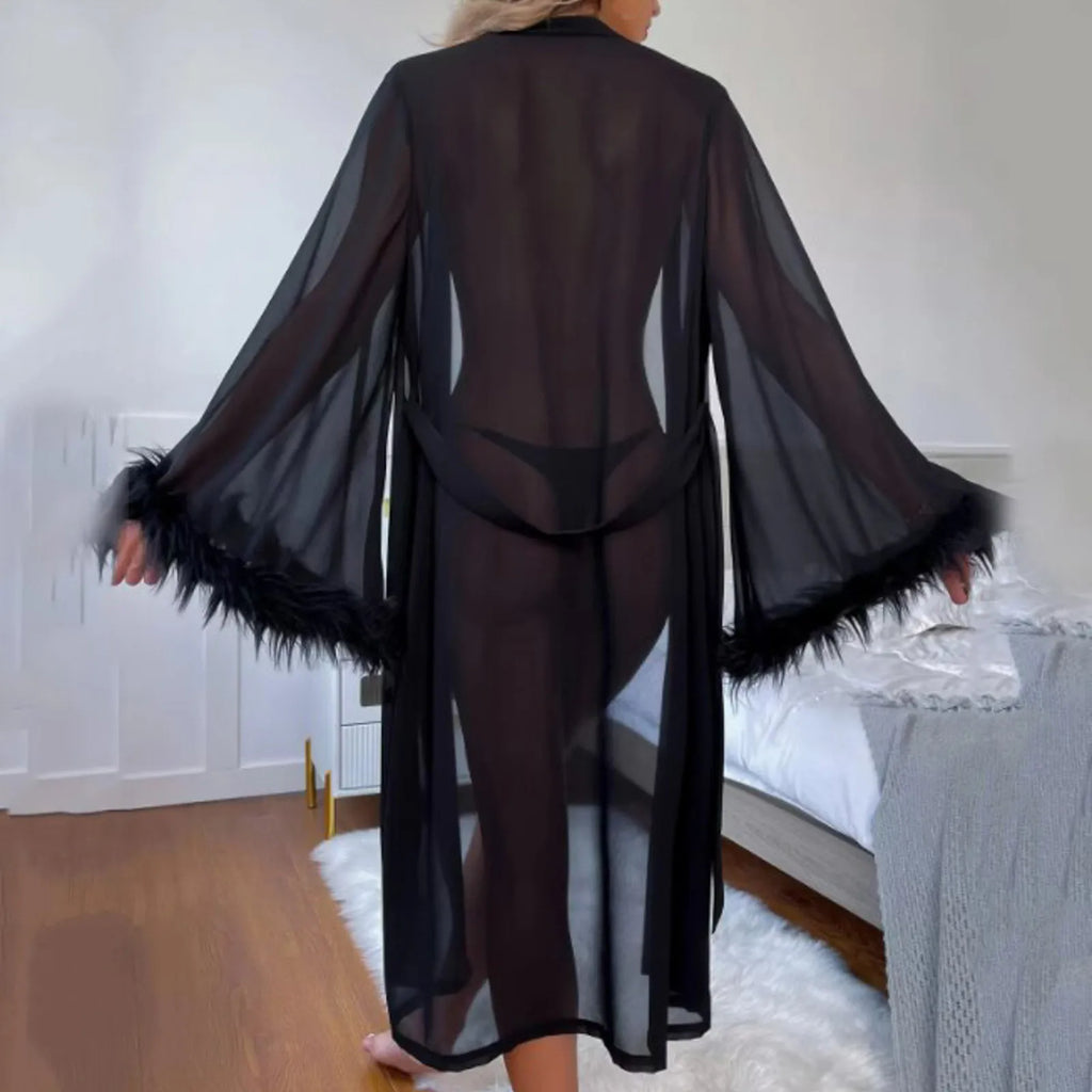 Women’s Satin Feather Trim Robe – Sexy Long Sleeve Nightgown Loungewear