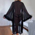 Women’s Satin Feather Trim Robe – Sexy Long Sleeve Nightgown Loungewear