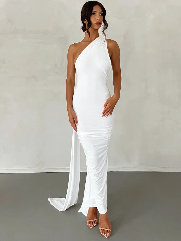 One Shoulder Backless Ruched Maxi Dress