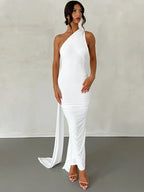 One Shoulder Backless Ruched Maxi Dress