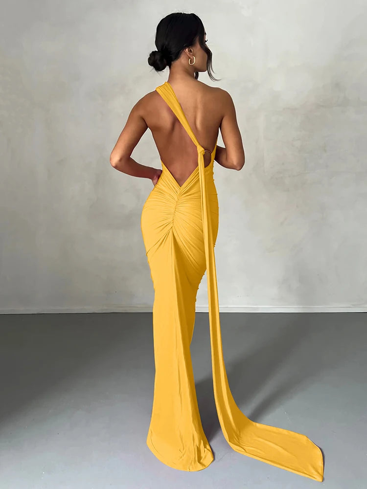 One Shoulder Backless Ruched Maxi Dress