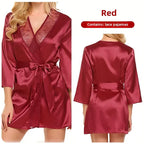 Women’s Silk-Feel Lace-Up Robe – Long Sleeve Elegant Sleepwear Nightgown