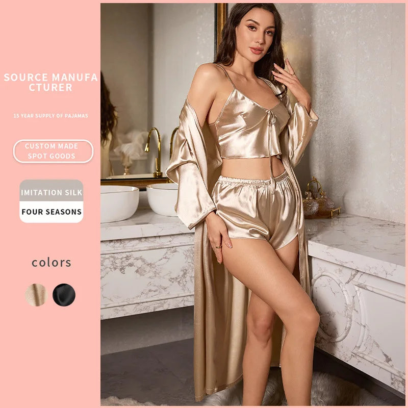 Women’s 3-Piece Satin Pajama Set – Sexy Nightdress, Cami & Robe Sleepwear