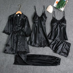 Women’s 5-Piece Satin Pajama Set – Silk Lace Robe & Sexy Nightwear Set