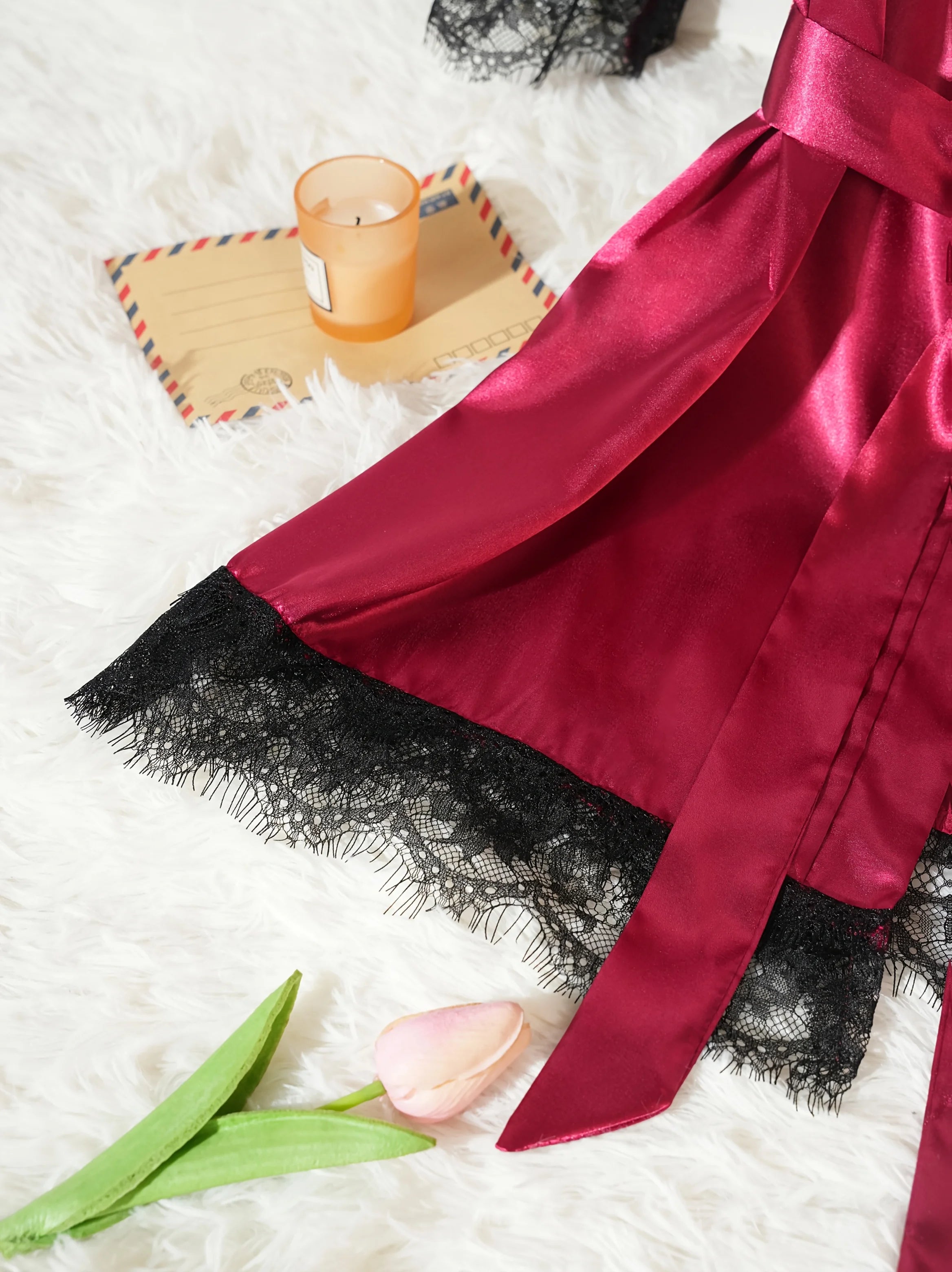Women’s 4-Piece Satin Pajama Set – Silk Robe, Nightgown & Lace Sleepwear Set