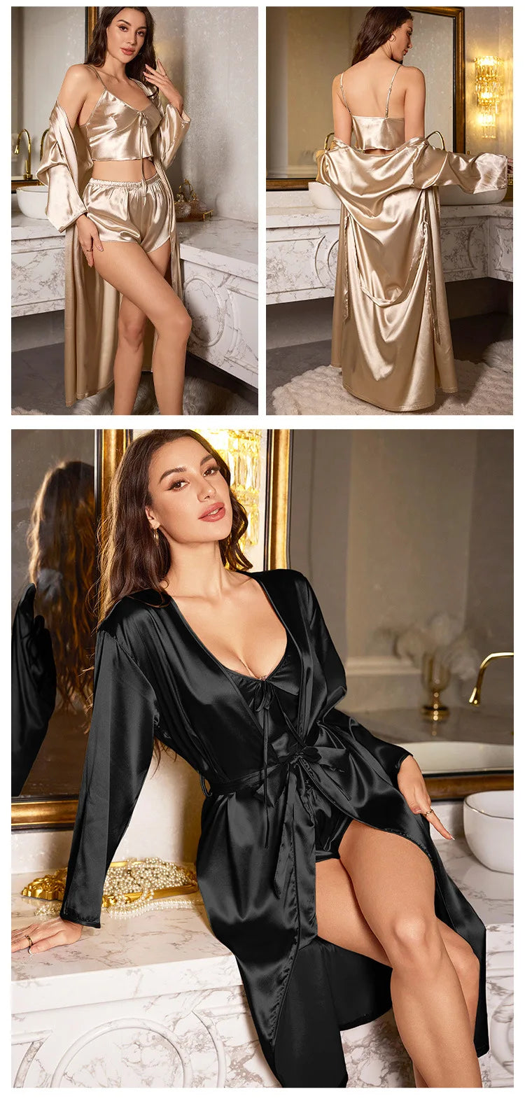 Women’s 3-Piece Satin Pajama Set – Sexy Nightdress, Cami & Robe Sleepwear