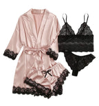 Women’s Elegant 4-Piece Satin Pajama Set – Lace Cami, Shorts & Robe Sleepwear